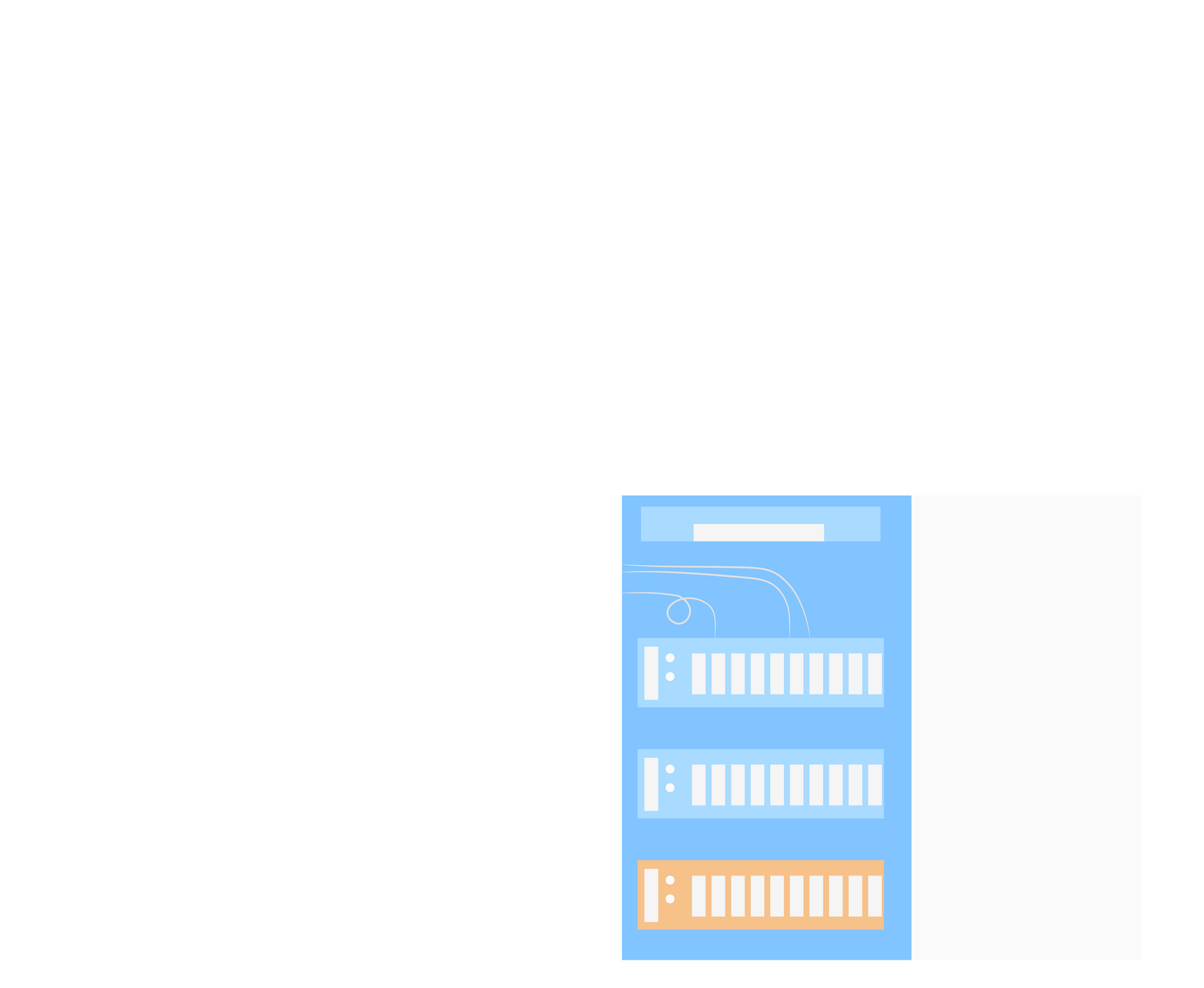 Illustration of a server rack with blue and orange servers, suggesting data storage and processing.