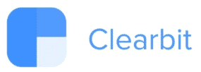 A blue and white clearbit logo on a white background