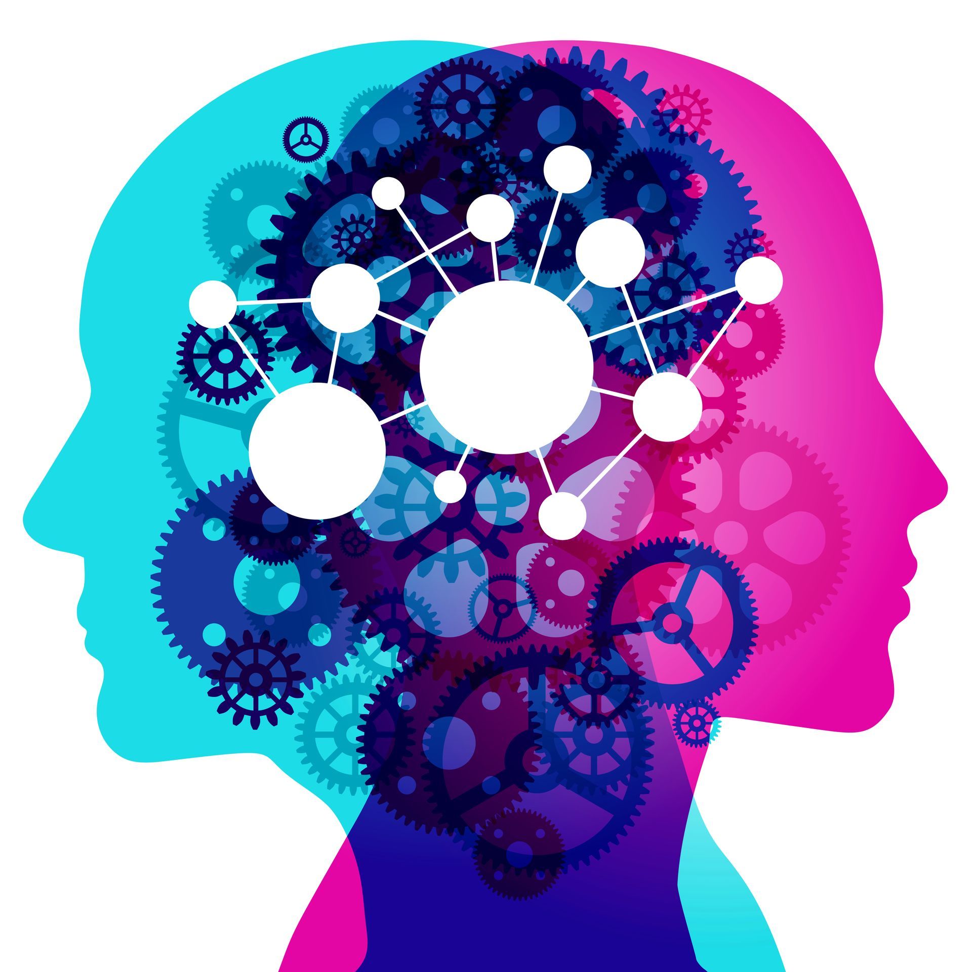A silhouette of a person 's head with gears coming out of it for Join Us.