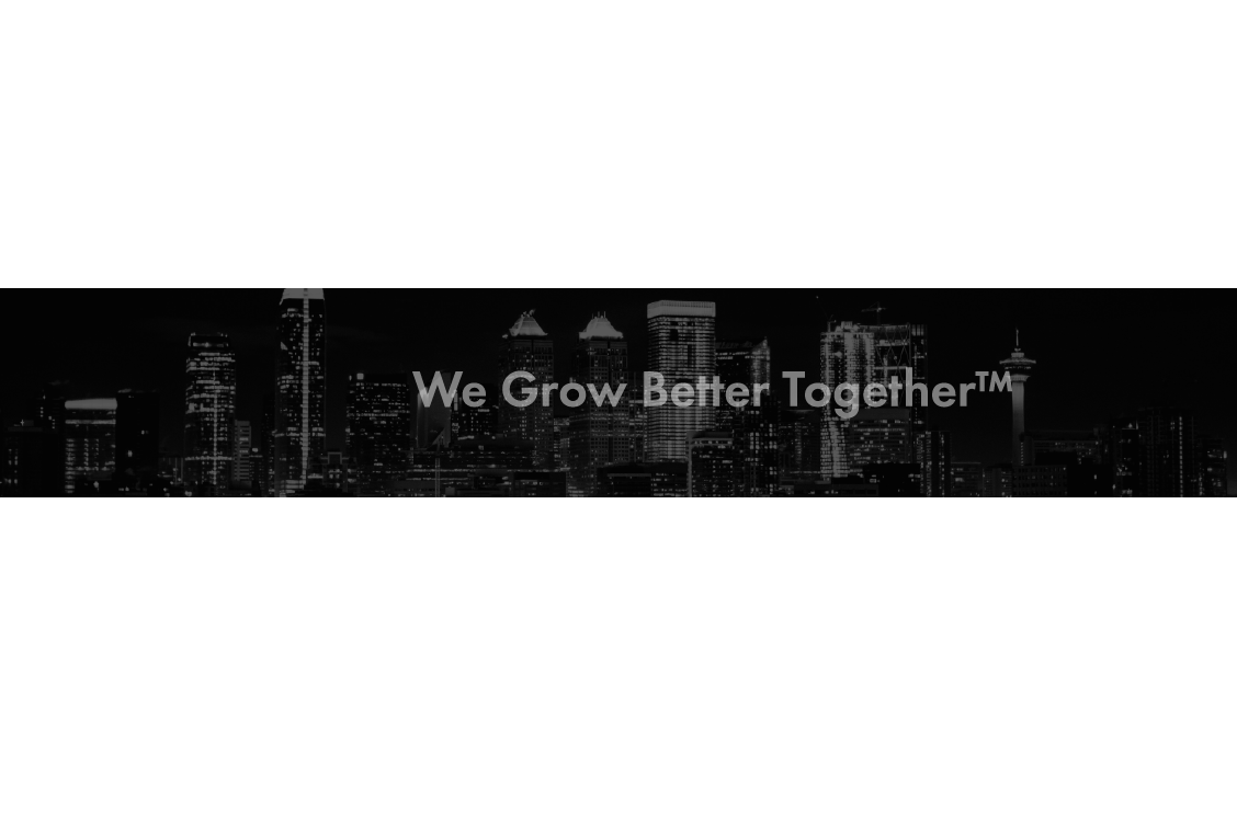 A black and white photo of a city skyline with the words `` we grow better together '' written on it.