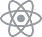 A gray and white icon of an atom on a white background.