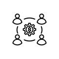 Four people surrounding a gear with a dollar sign; teamwork concept.