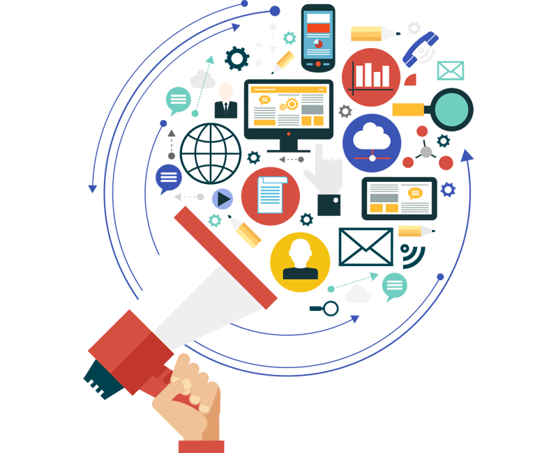 A hand is holding a megaphone in front of a circle of icons.