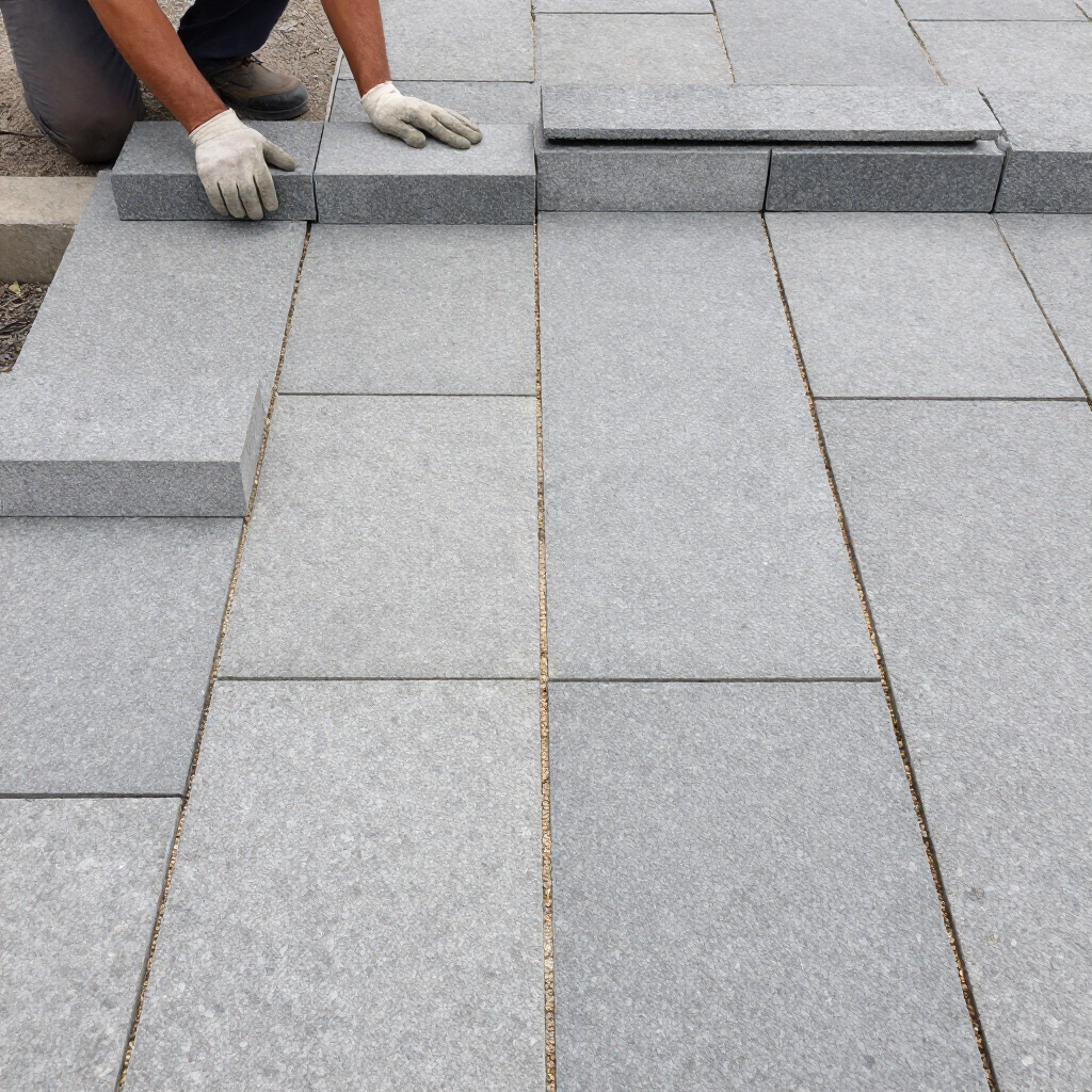 Worker laying gray paving stones on a sidewalk beside stacked tiles and gloves