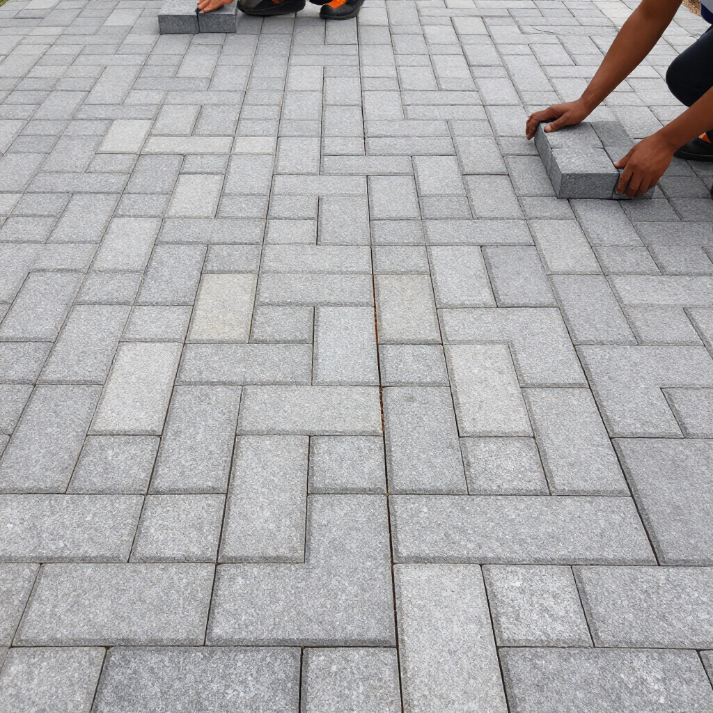 Hands placing gray paving stones on a brick-paved walkway.
