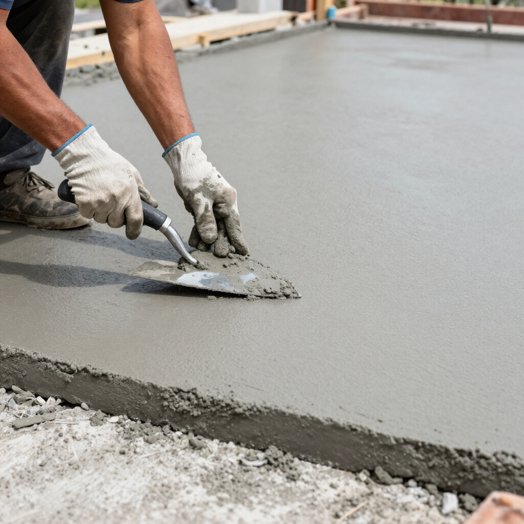 Hands placing gray paving stones on a brick-paved walkway.