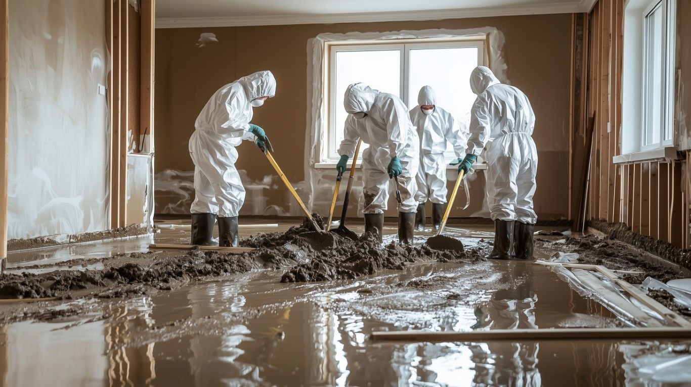 Four workers in protective suits shoveling debris and mud in a flooded room.