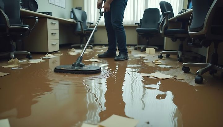 Man mopping a flooded office floor, brown water and scattered debris.