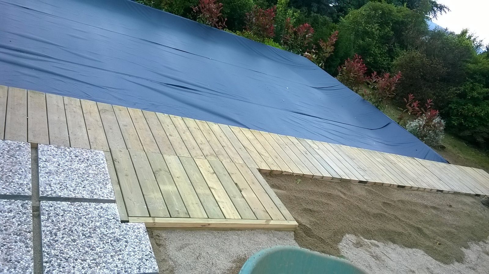 Teloni che coprono una superficie esterna in pendenza, accanto a ghiaia, assi di legno ed erba.