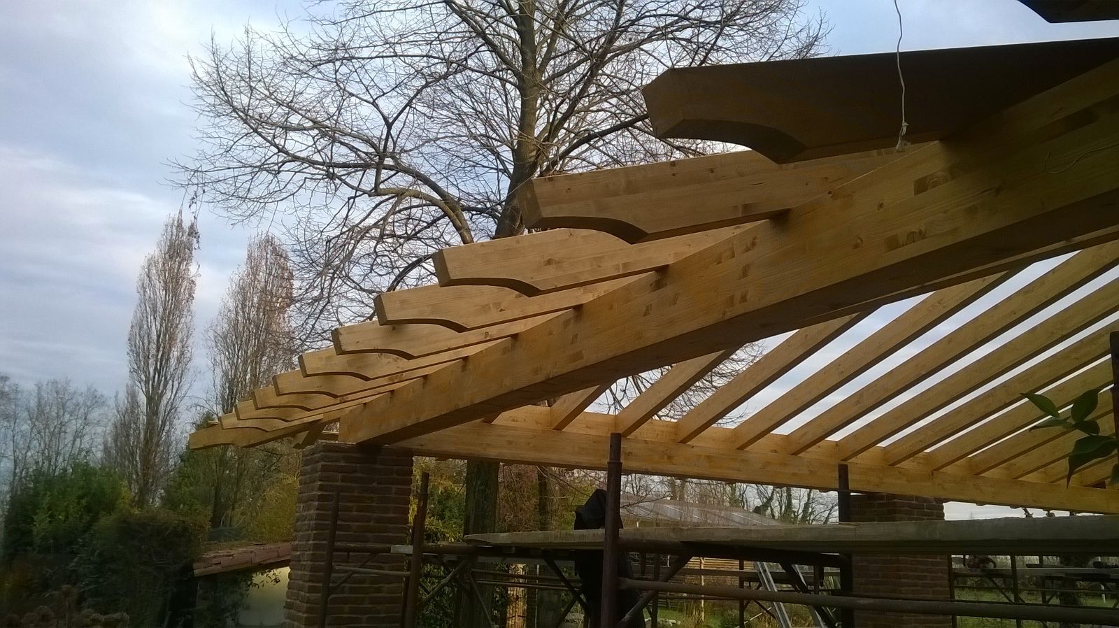 Struttura di copertura in legno per una pergola in fase di costruzione all'aperto, con alberi e cielo sullo sfondo.
