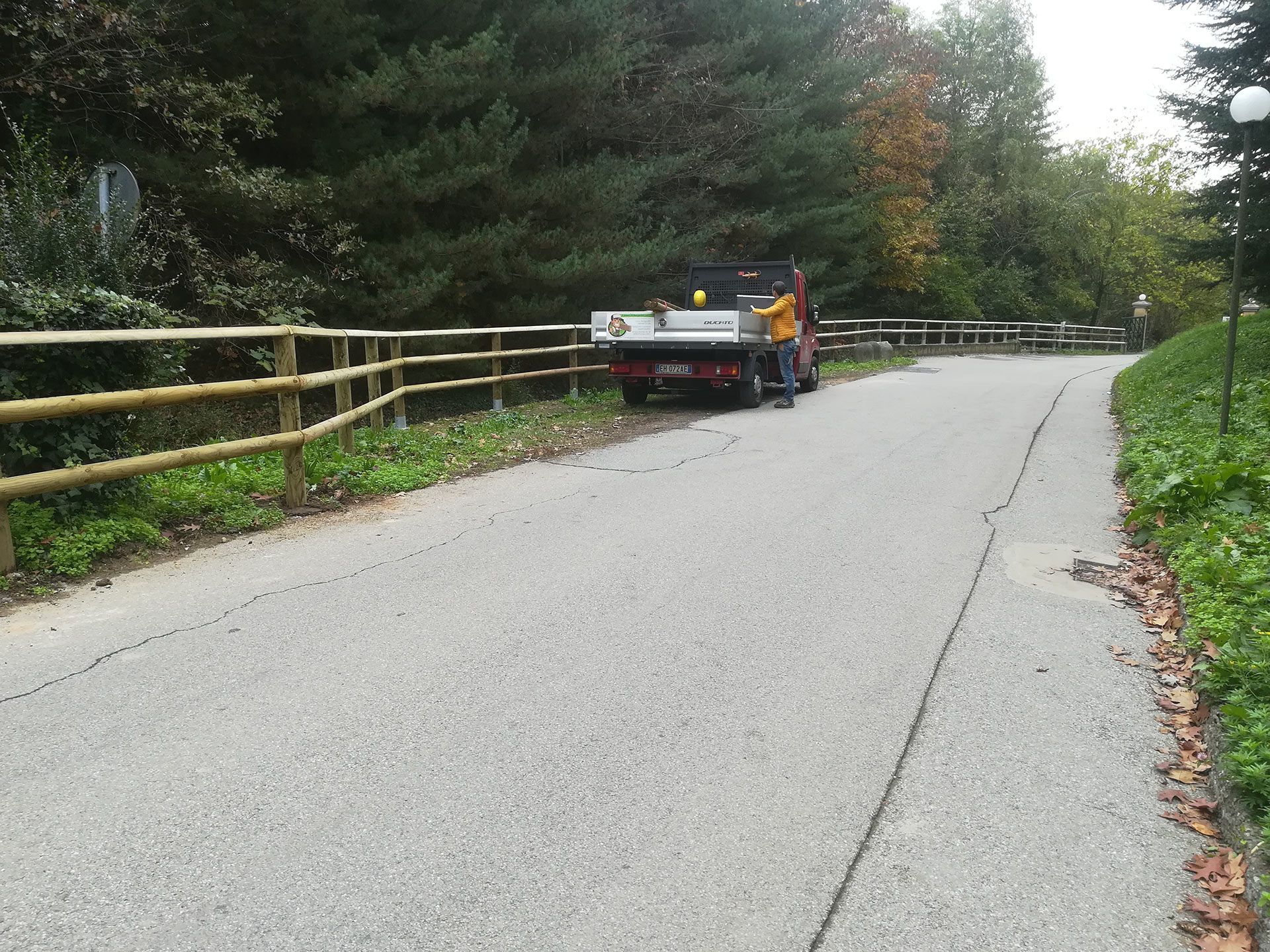 Una piccola auto argentata parcheggiata su una strada tortuosa, accanto a una recinzione di legno e a una fitta vegetazione.