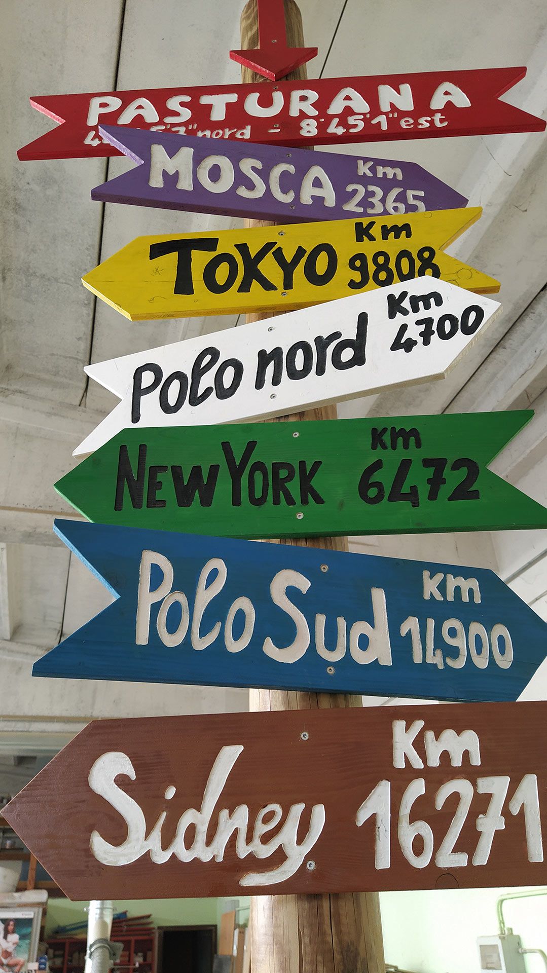 Cartello segnaletico in legno colorato con frecce che indicano città come Pasturana, Tokyo, New York e Sydney.