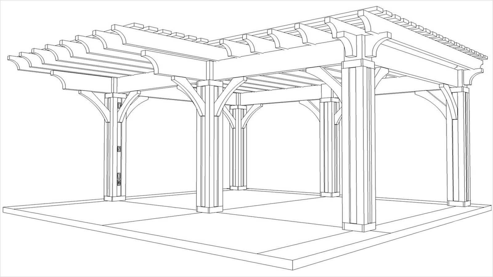 Disegno schematico di una pergola o padiglione in legno con pali e tetto a doghe su un patio.