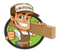 Mascotte di un boscaiolo dei cartoni animati con un berretto, sorridente e che tiene in mano una grossa tavola di legno.