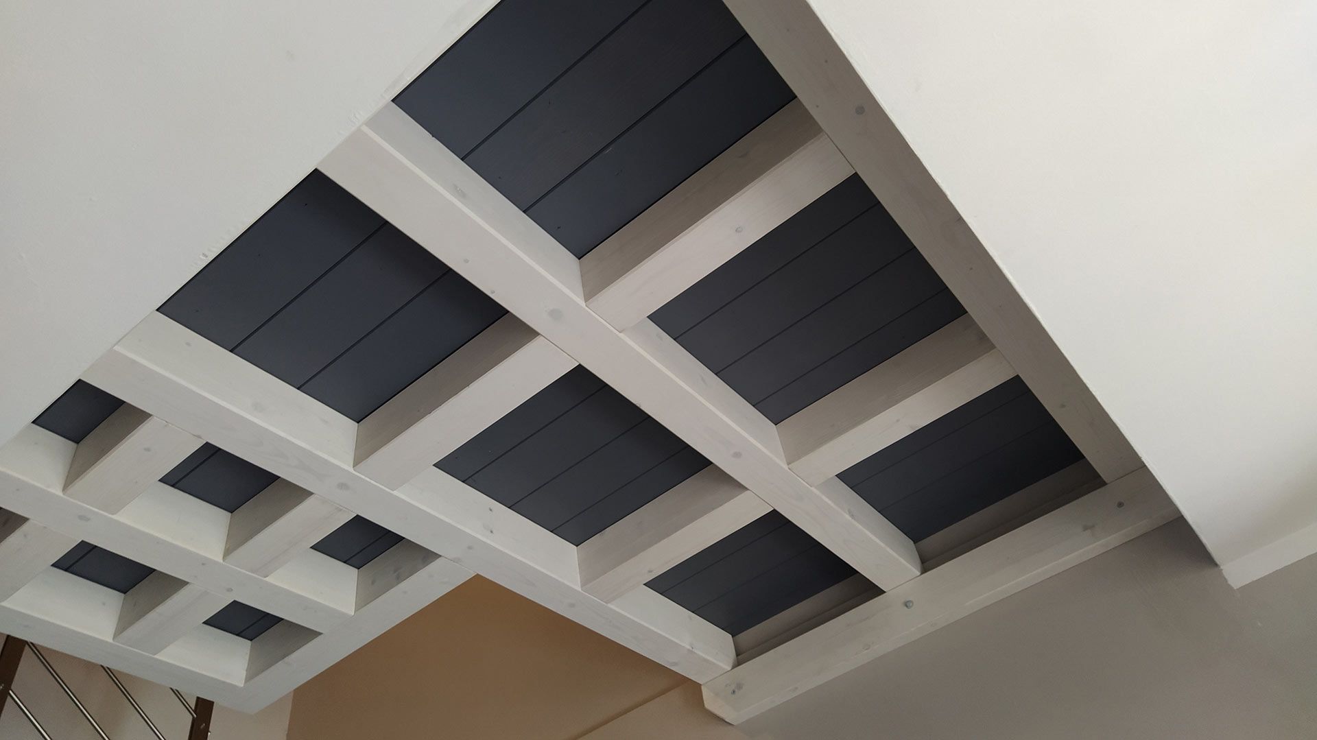 Soffitto bianco con griglia geometrica di pannelli rettangolari scuri incassati e aperture ritagliate
