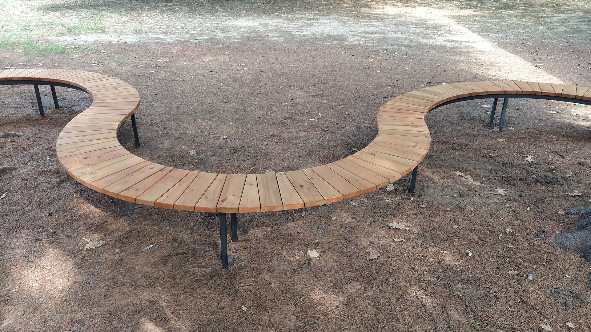 Panchina in legno curvata attorno a una aiuola in un'area di un parco all'aperto.