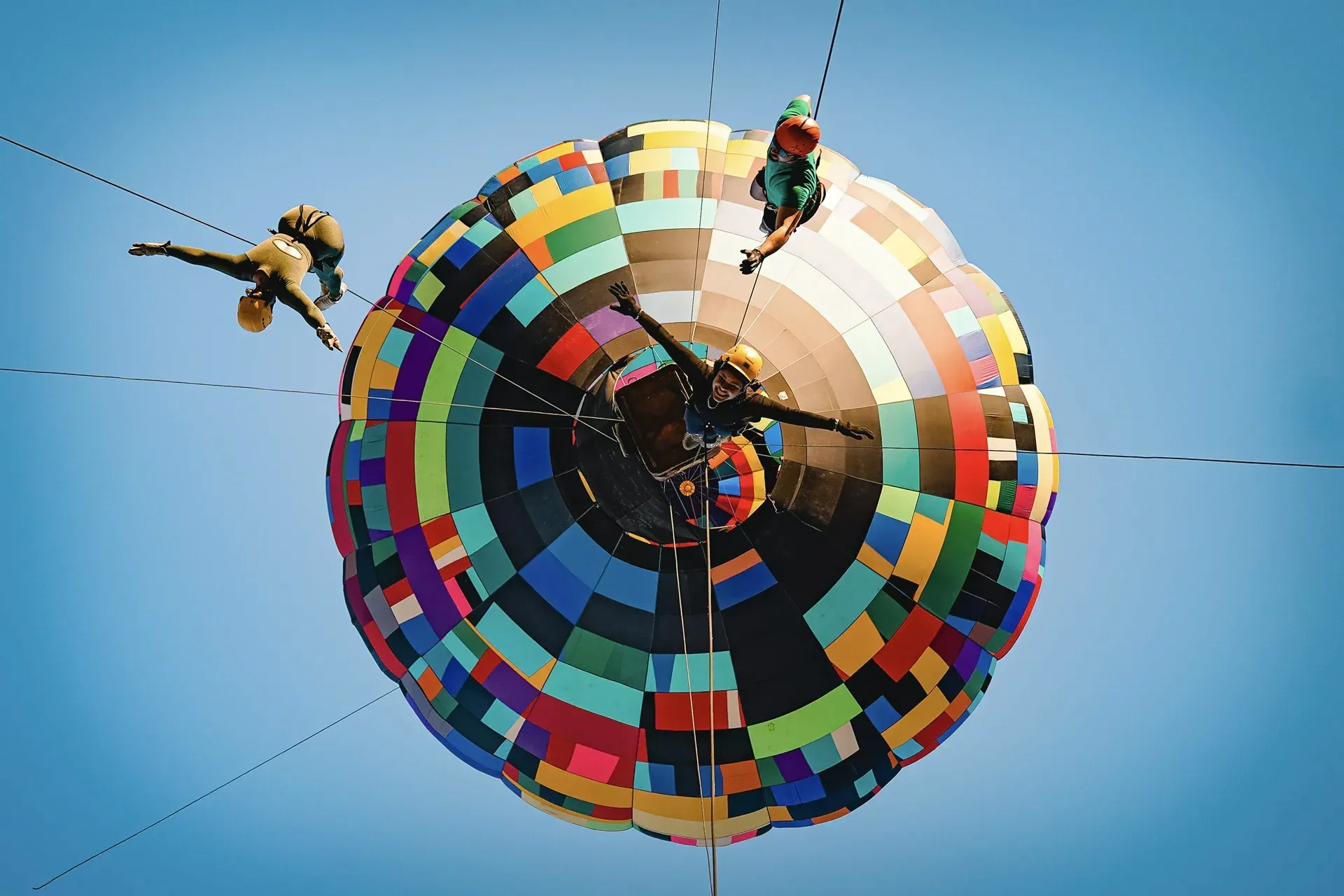Um grupo de pessoas está voando em um balão de ar quente colorido.