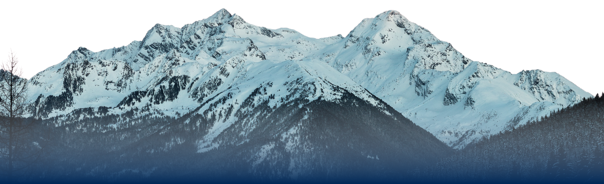Snow-covered mountain range, with blue shadows on the bottom half