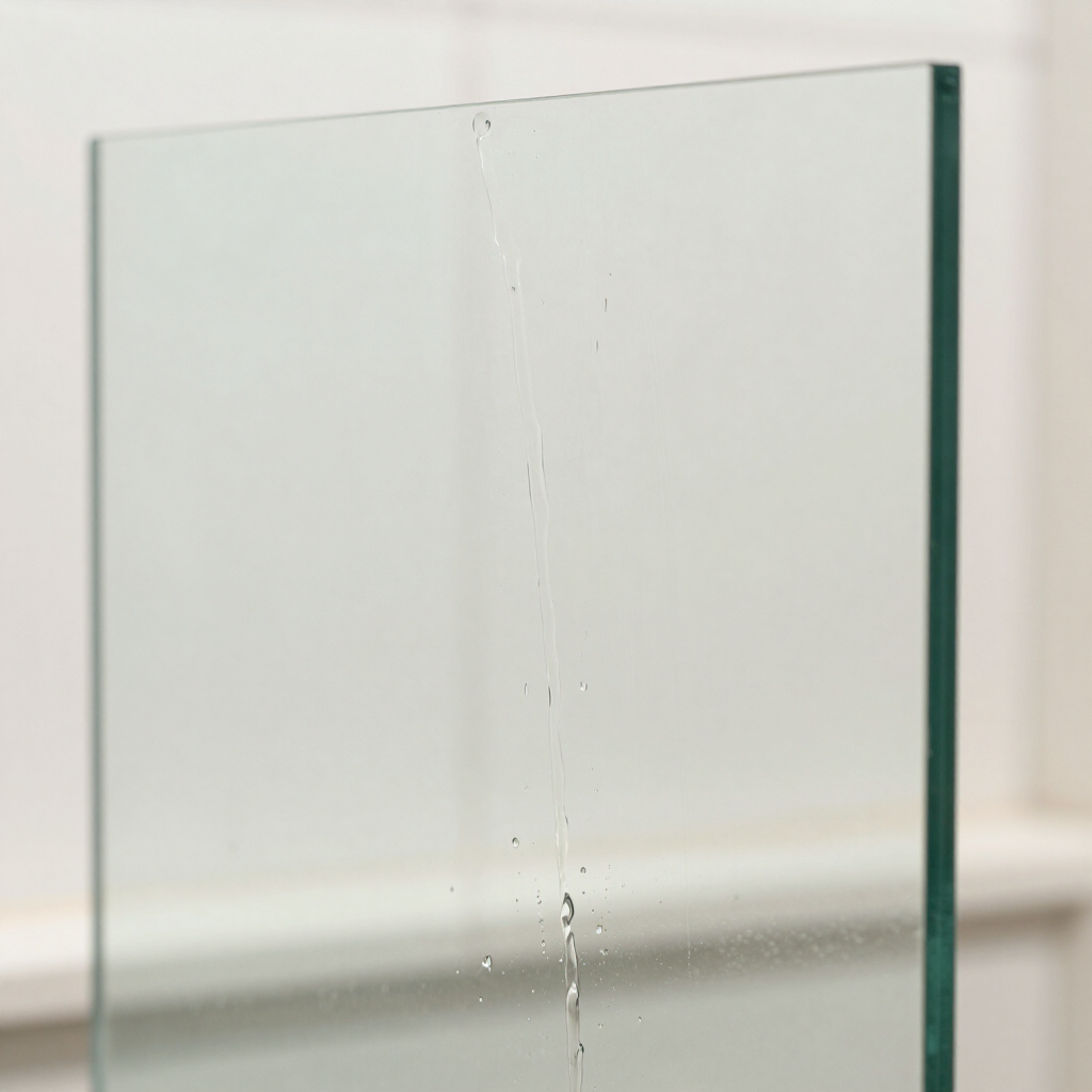Detalle de vidrio autolavable con escurrimiento uniforme de agua