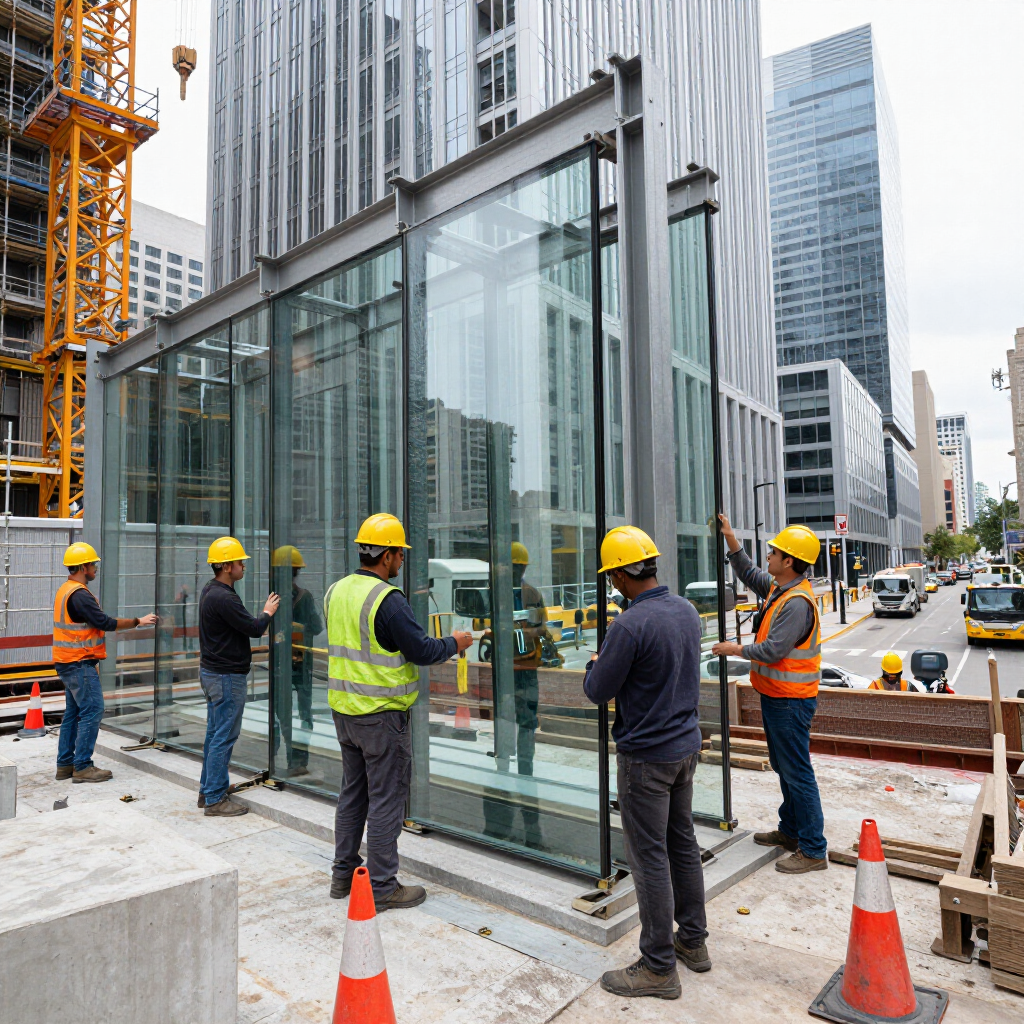 Instalación de paneles de vidrio en obra comercial
