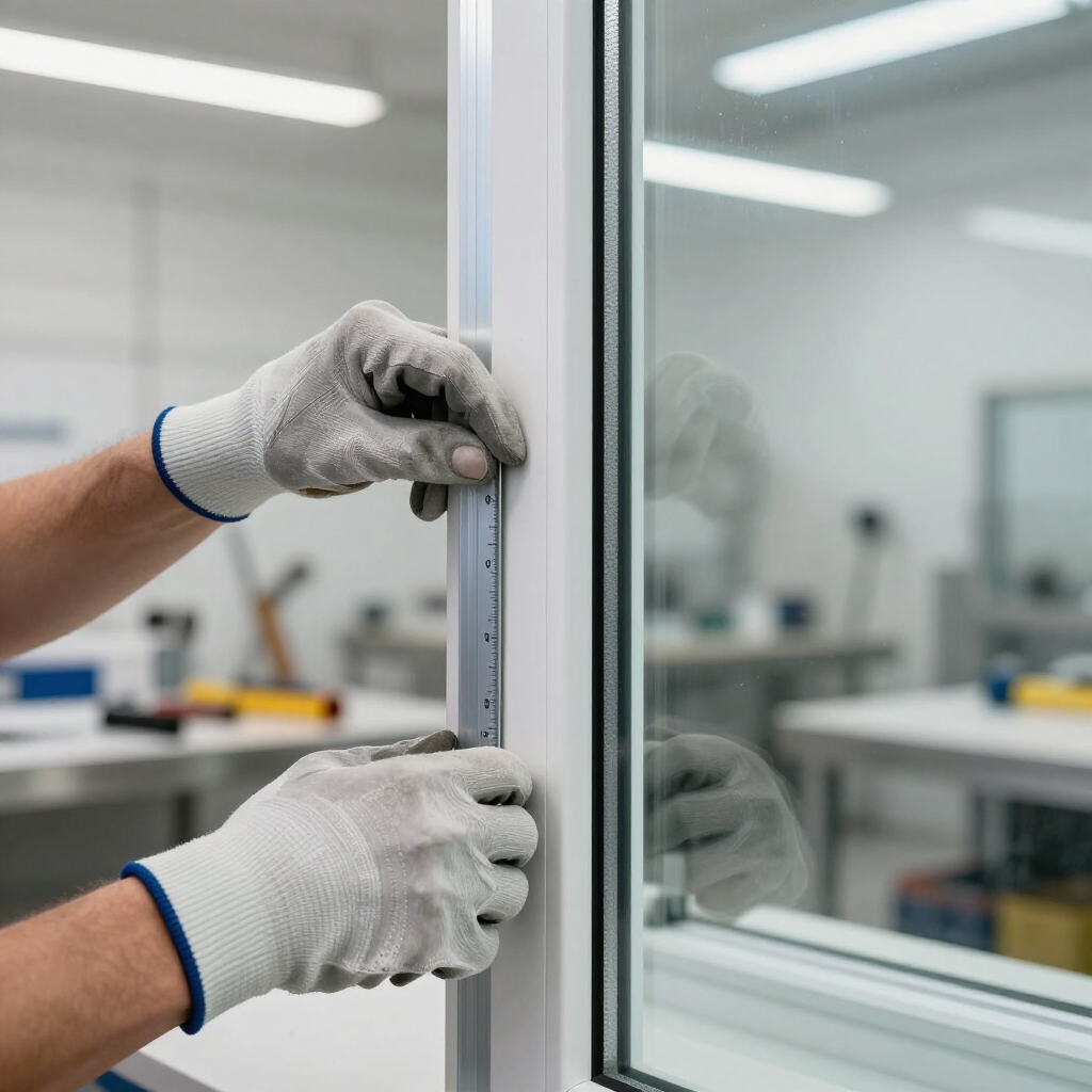 Manos de instalador midiendo marco de aluminio y vidrio