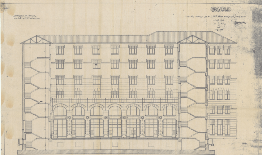 A black and white drawing of a building with the word hotel on it