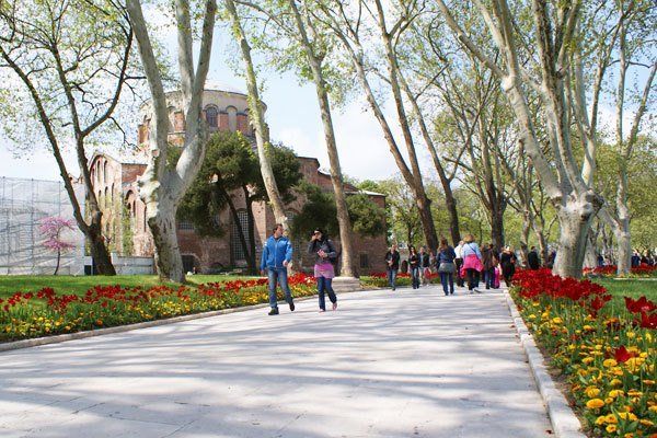 A group of people are walking down a path in a park.