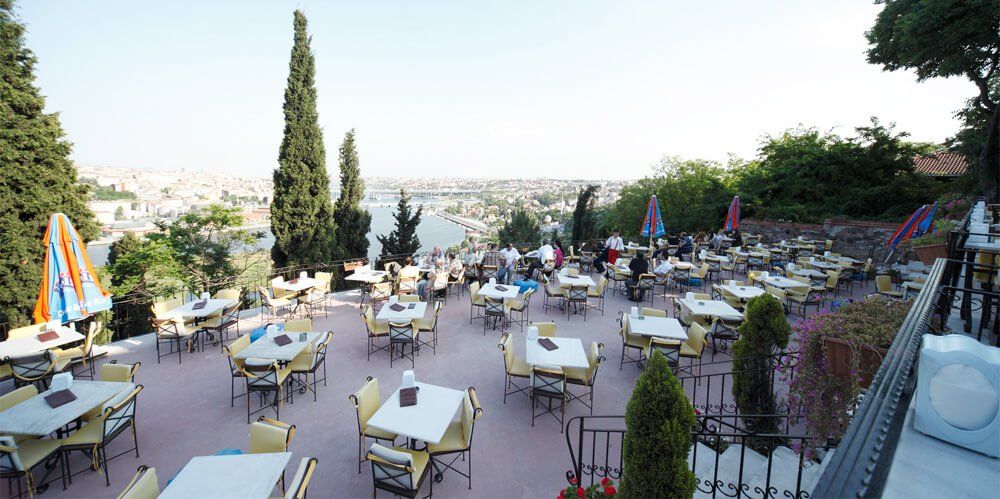 A patio with tables and chairs and umbrellas overlooking a city