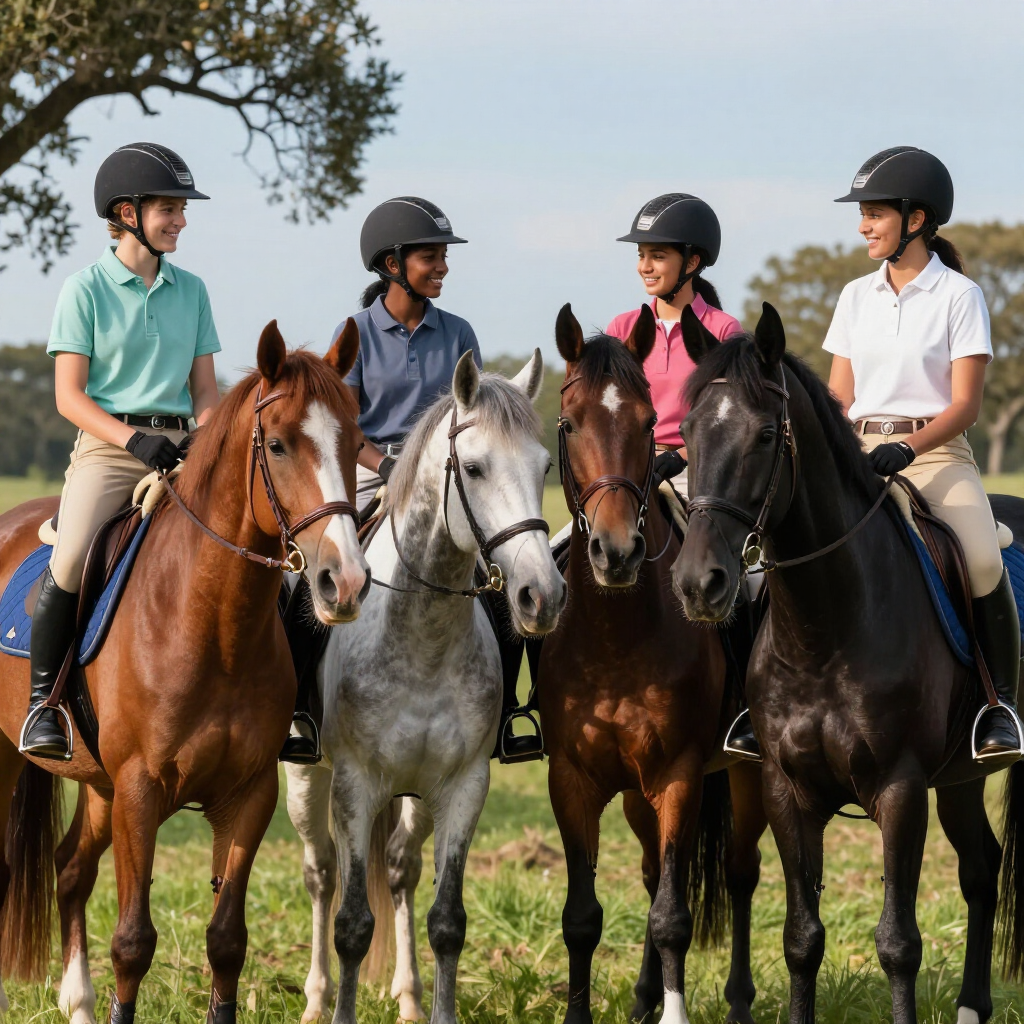 Four equestrians in helmets and riding gear sitting on horses in a field, looking towards each other.