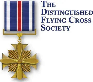 Distinguished Flying Cross medal with blue, white, red striped ribbon, and gold cross.
