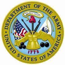 US Department of the Army seal. Gold emblem with an American flag and crossed weapons.