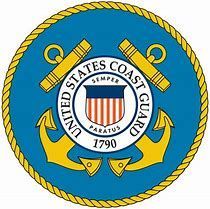 U.S. Coast Guard emblem: blue, gold, and white with anchors, crossed cannons, and a central shield.