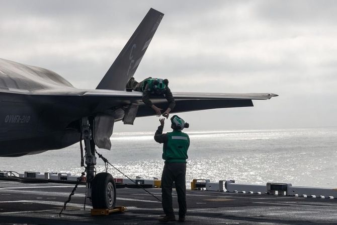 USMC line crew on aircraft carrier

