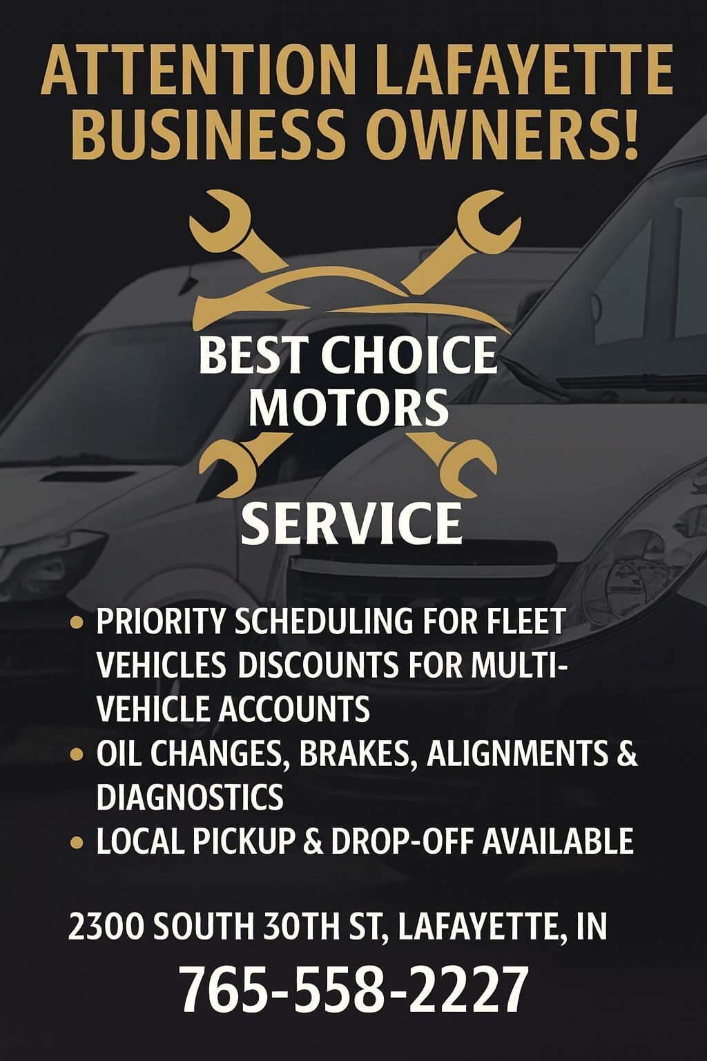 Black-and-gold service ad for Best Choice Motors, Lafayette, offering fleet repairs and local pickup/drop-off | Best Choice Service
