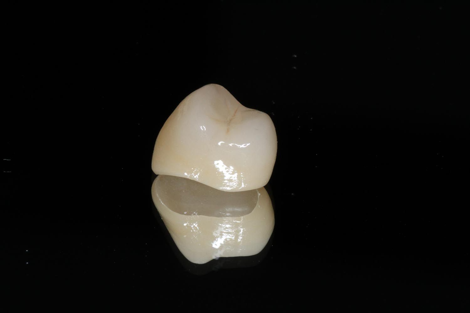 Due corone dentali bianche sovrapposte su sfondo nero.
