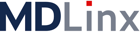 The MDLinx logo featuring "MD" in dark blue and "Linx" in gray, with a small red square above the "i".