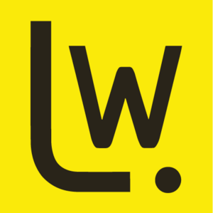 A stylized black letter L and W on a bright yellow square background with a small black dot in the bottom right corner.