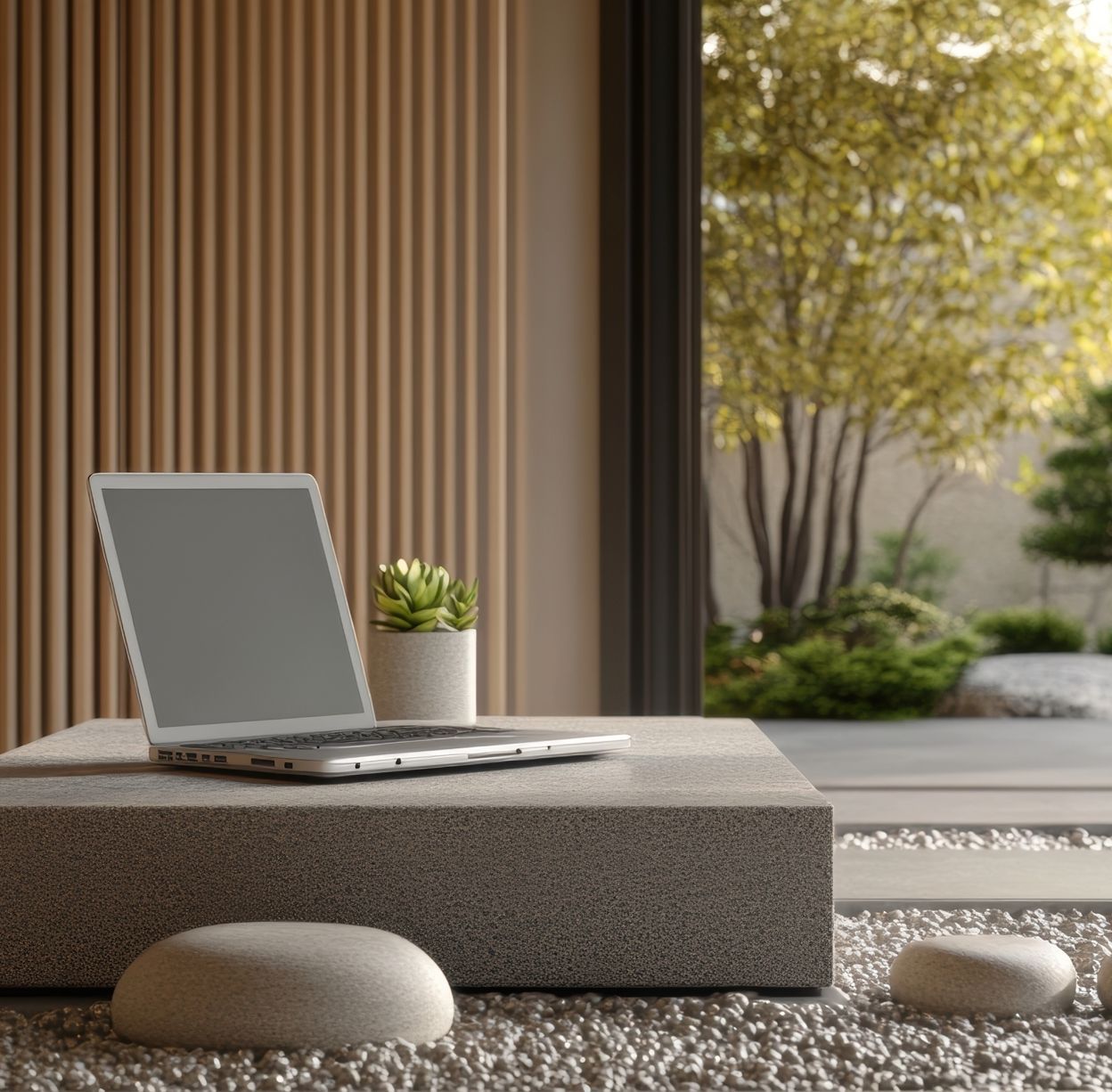 A laptop is sitting on a table next to a potted plant