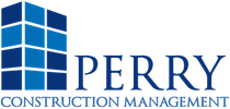 Logo of Perry Construction Management, a blue stylized building with the company name below.