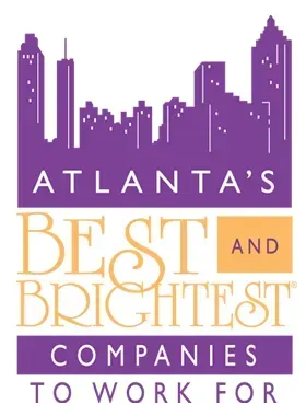 Atlanta's Best and Brightest Companies to Work For logo. Purple skyline, gold text on white background.