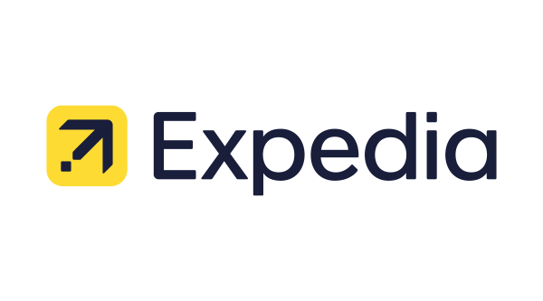 The expedia logo is black and yellow and has a yellow arrow pointing up.