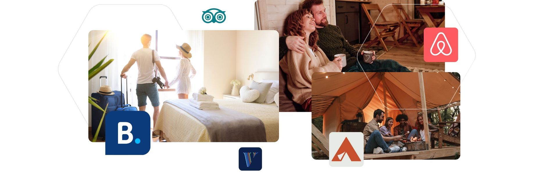 A collage of pictures of people in different places , including a man standing next to a bed.