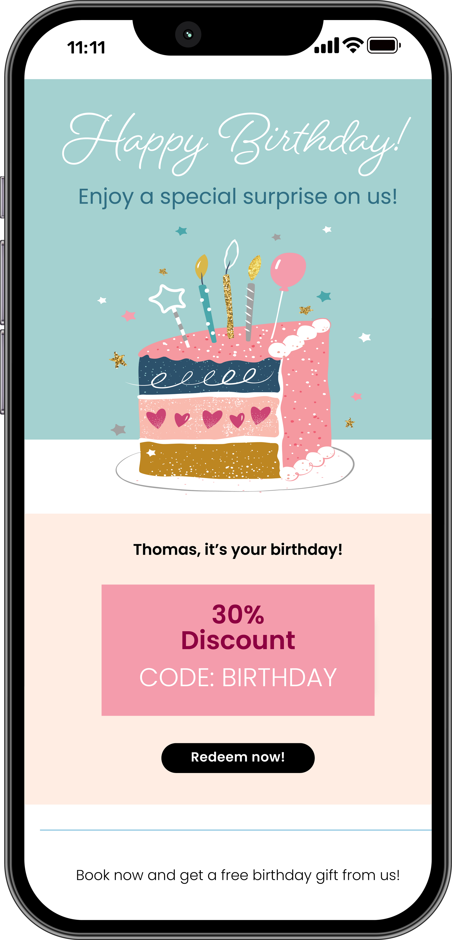 A cell phone with a birthday cake on the screen.