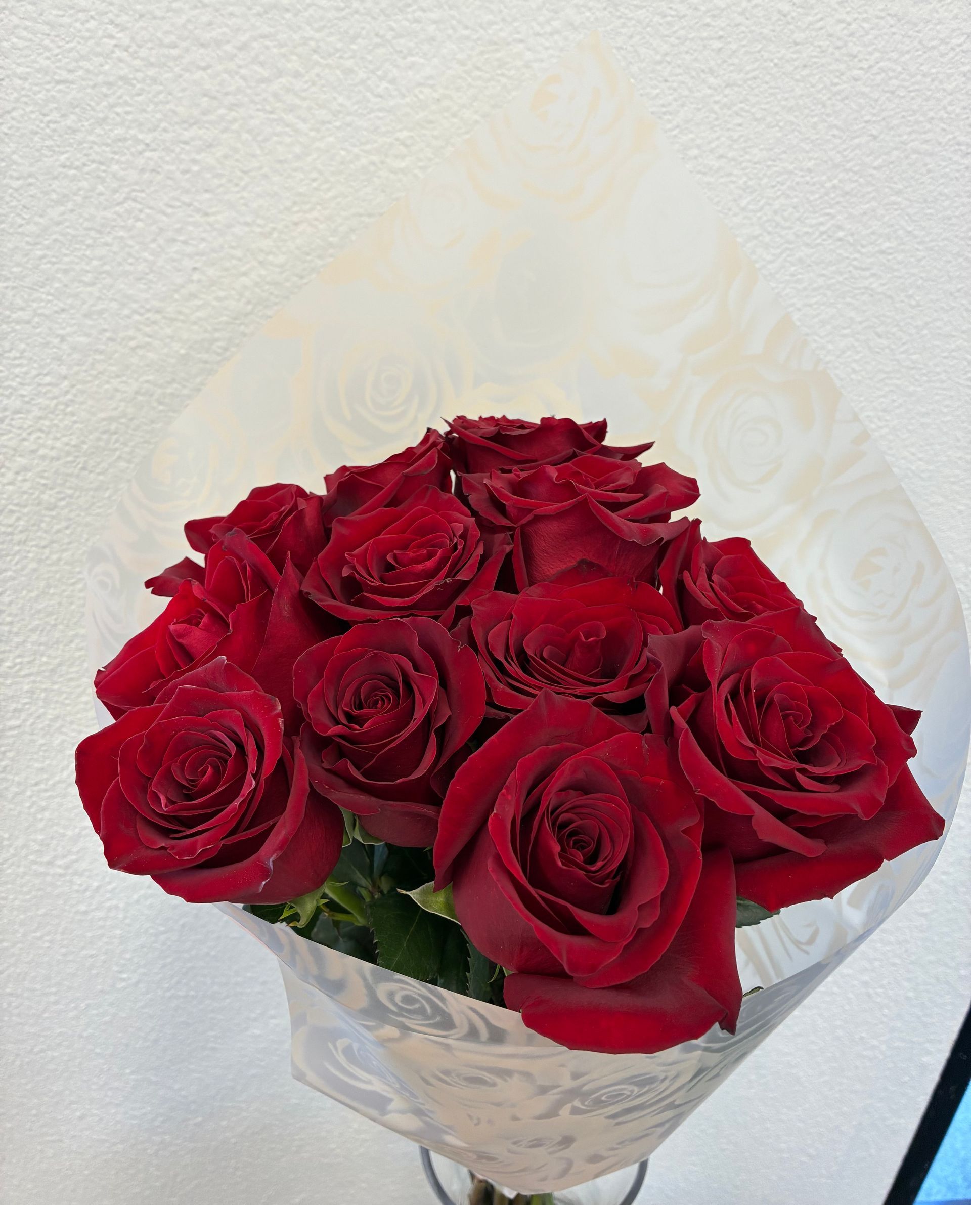 A bouquet of deep red roses wrapped in clear decorative paper against a plain white wall.