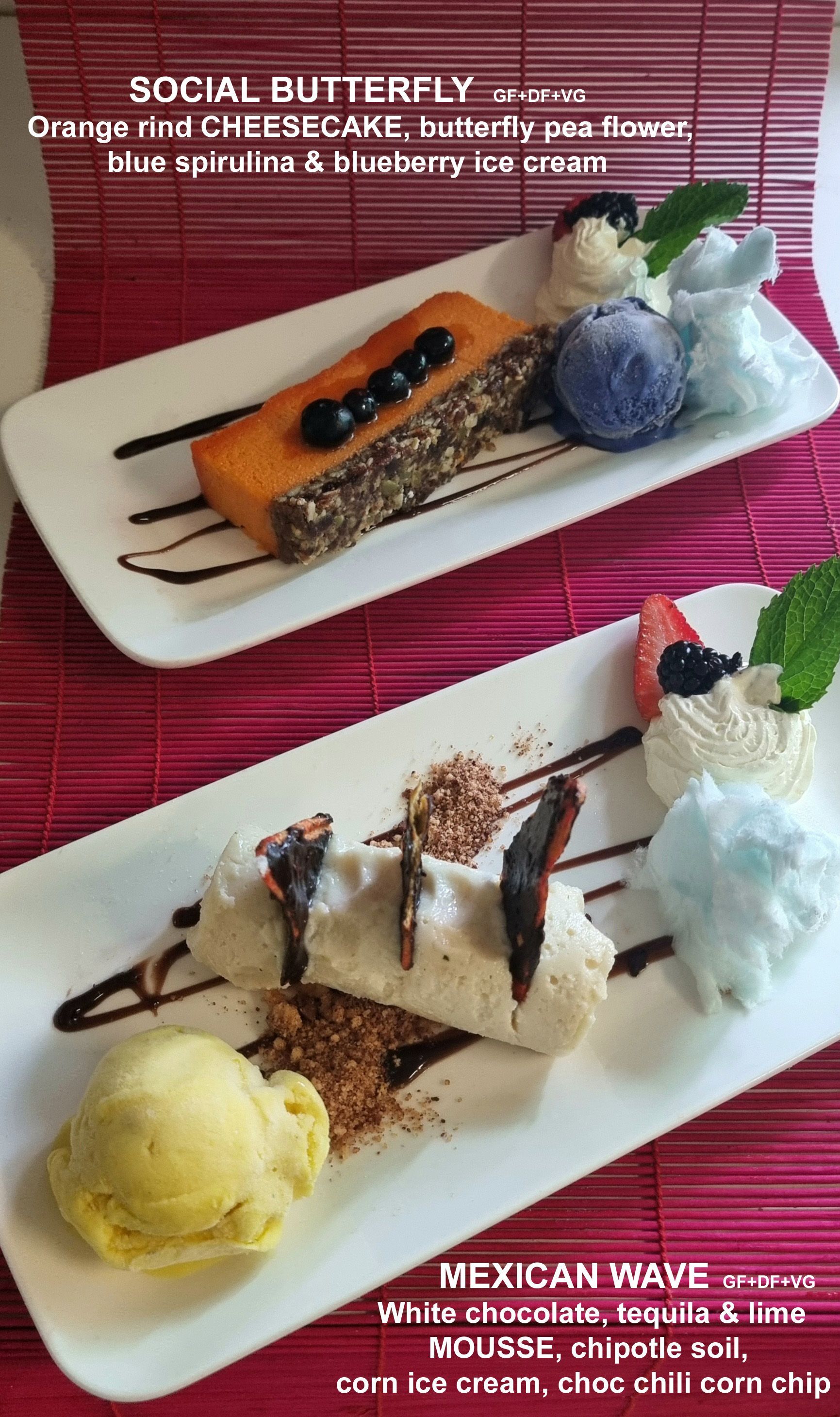Two plates of Desserts with ice Cream on Them on a Table — Wayne & Adele's Garden of Eating BYO Restaurant In South Townsville, QLD