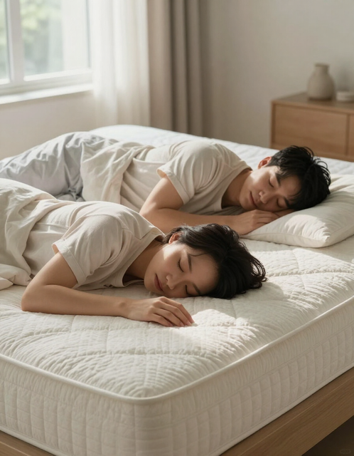 Dos personas durmiendo en una cama blanca, en un dormitorio con una iluminación tenue