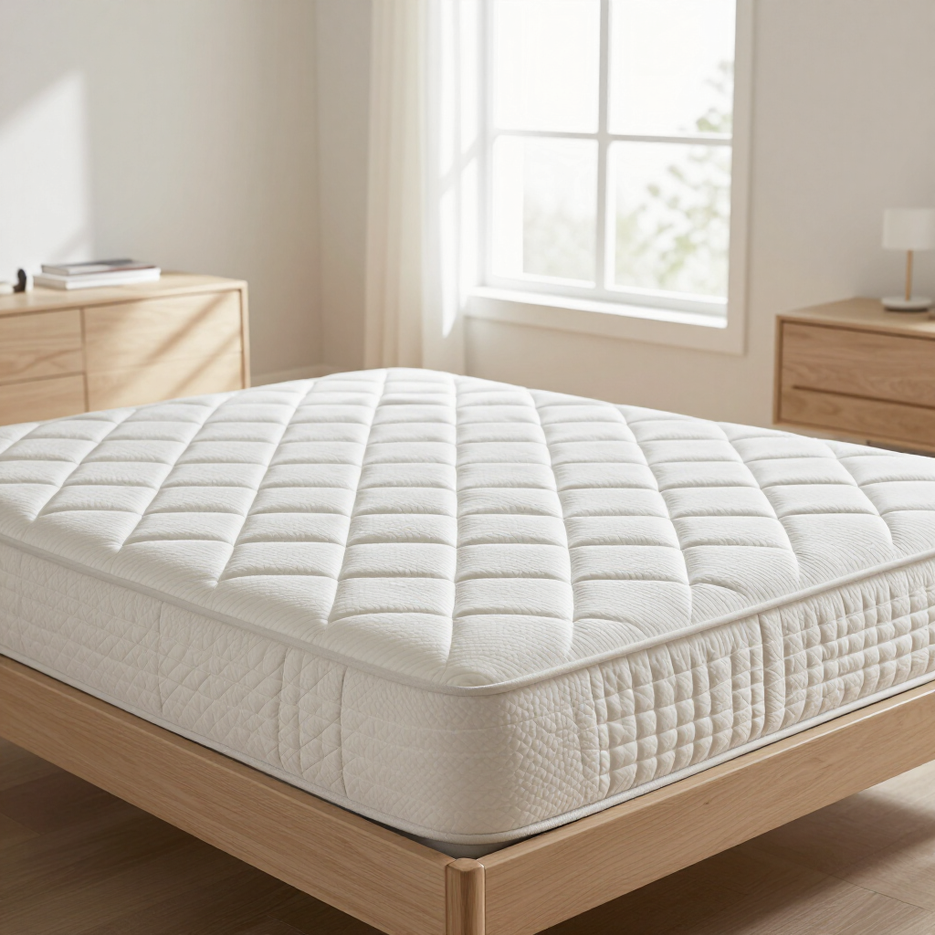 Dormitorio minimalista con un colchón blanco acolchado sobre una estructura de cama de madera junto a una ventana luminosa
