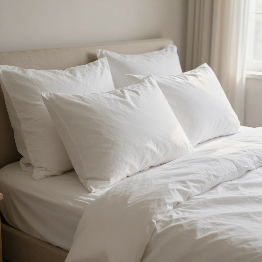 Cama blanca con almohadas y ropa de cama arrugada junto a una ventana iluminada por el sol