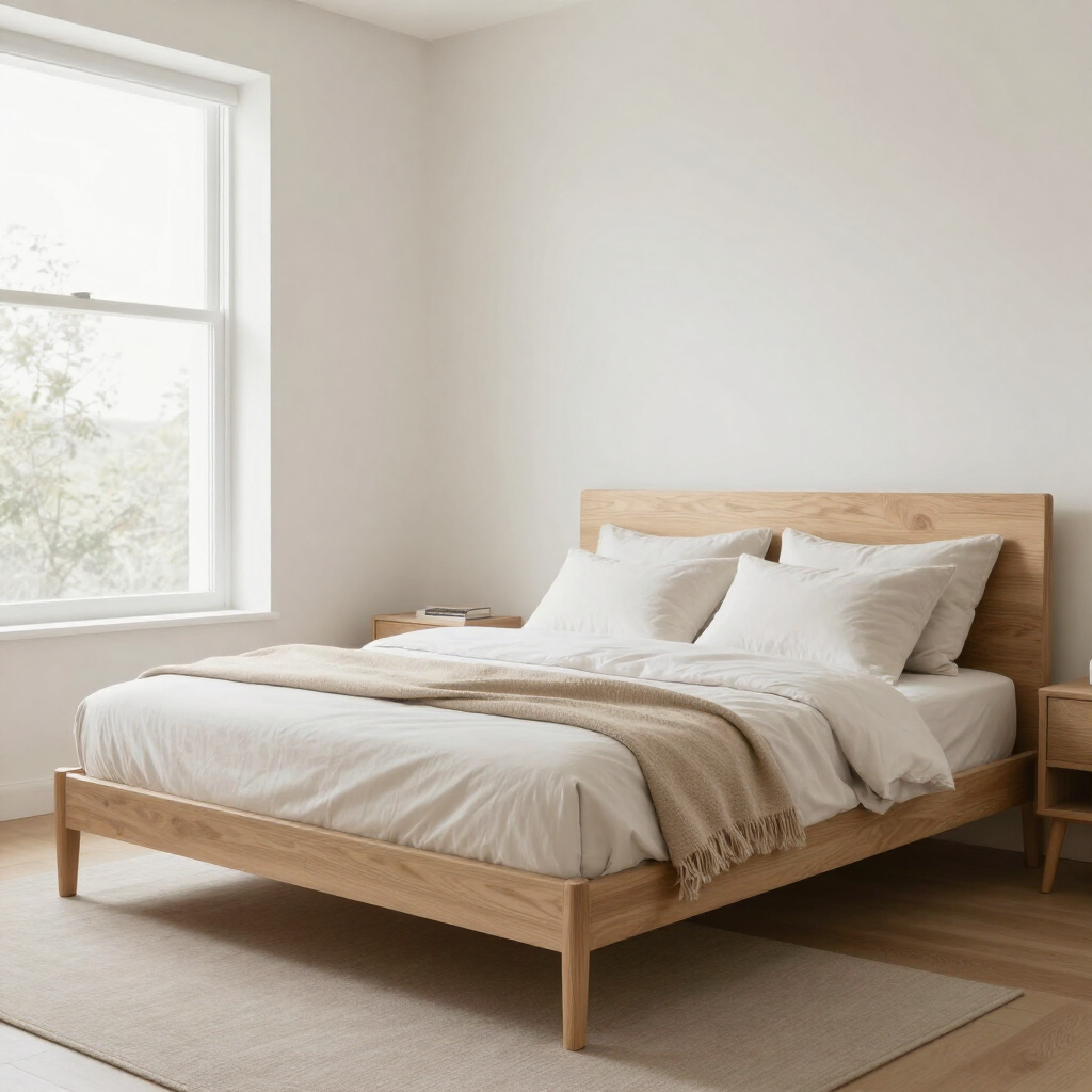 Dormitorio minimalista con una cama de madera, ropa de cama blanca y una ventana al lado