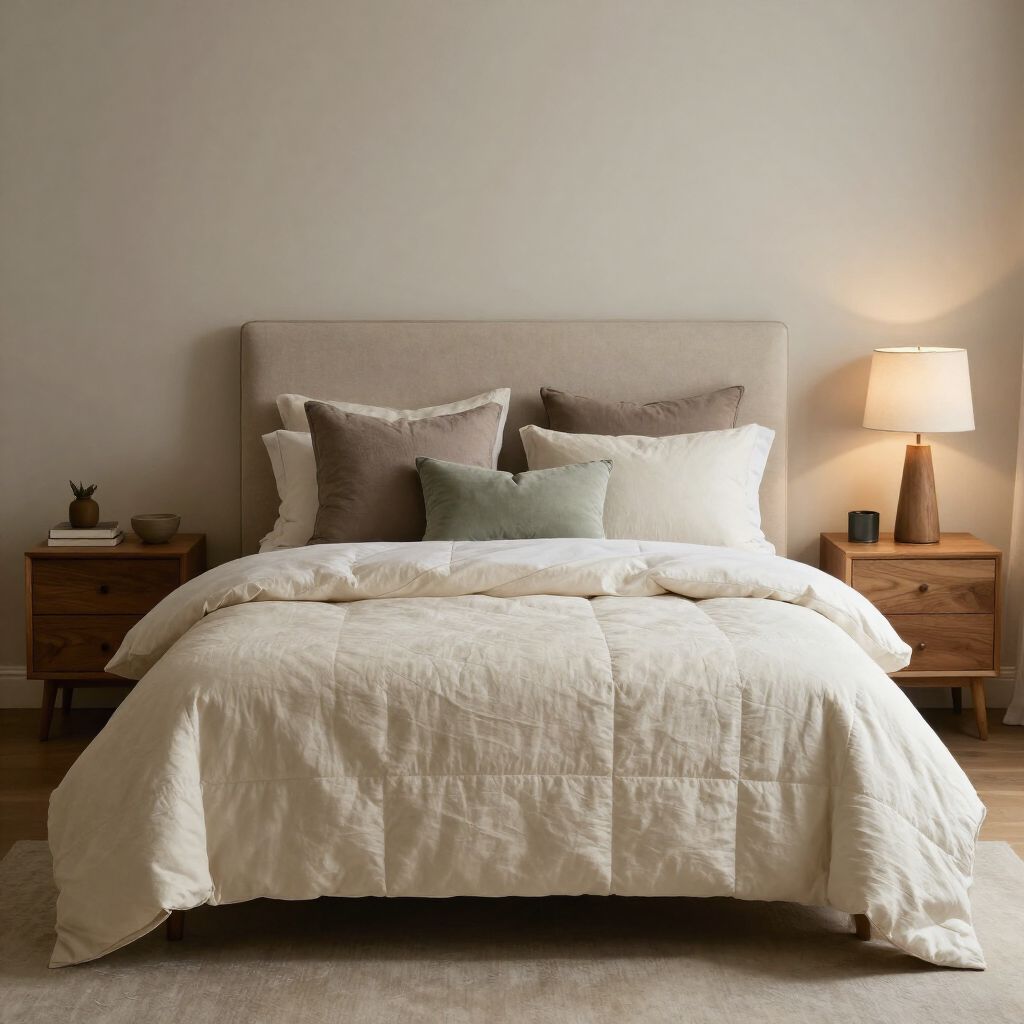 Dormitorio acogedor con una cama beige, ropa de cama blanca y mesitas de noche de madera con lámparas
